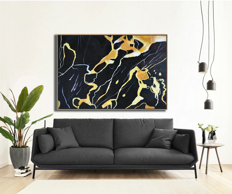 Hand Made Abstract Art,Hand Painted Oversized Horizontal Abstract Marble Art On Canvas,Acrylic Painting On Canvas,Earthy Yellow ,Black,White.etc